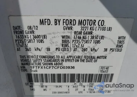 2012 Ford F150 Super Cab from USA, damaged, VIN 1FTFX1CF7CFD03936